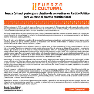 Declaración Pública sobre postergación de Inscripción de Fuerza Cultural como Partido Político